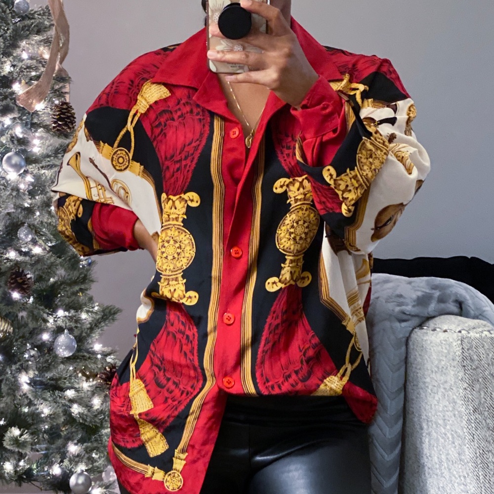 Jones New York Red, Black & Gold Silk Shirt
